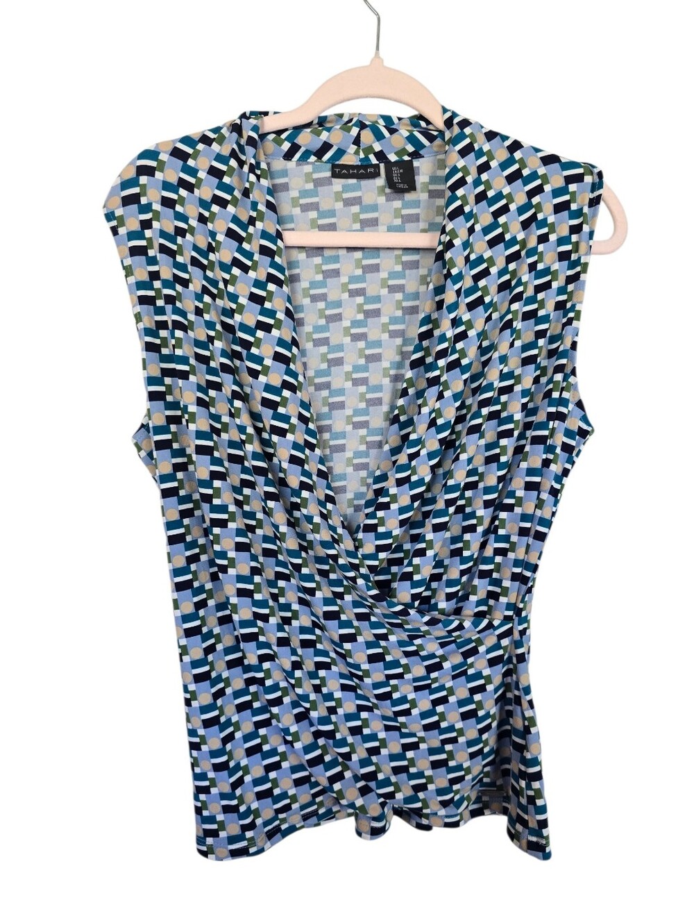 Tahari Multi-Blue Geometric Surplice Sleeveless Top